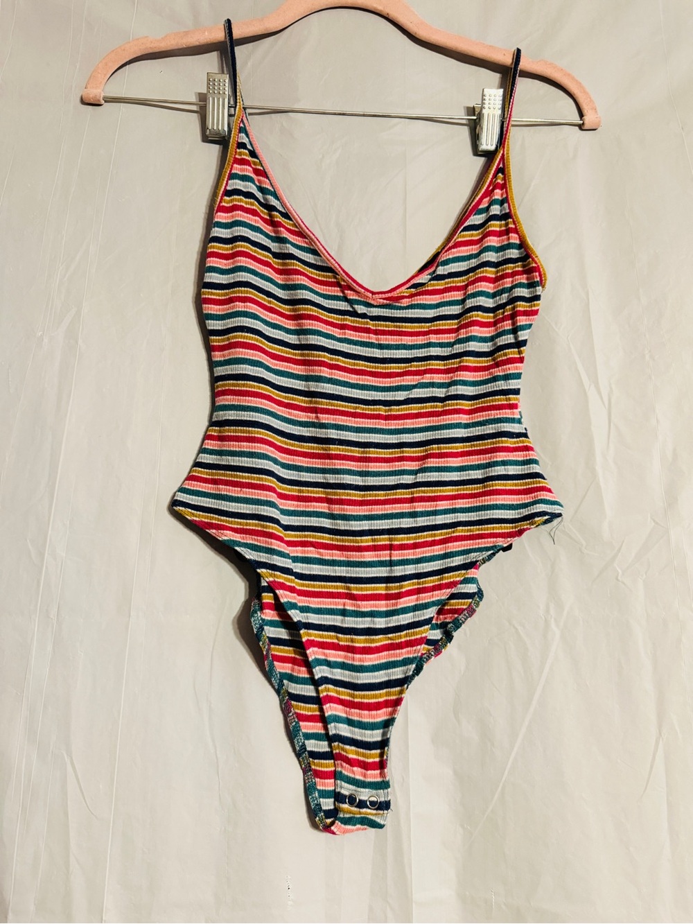 Forever 21 Women’s Small Multicolor Striped Ribbed Bodysuit V-Neck Snap Bottom
